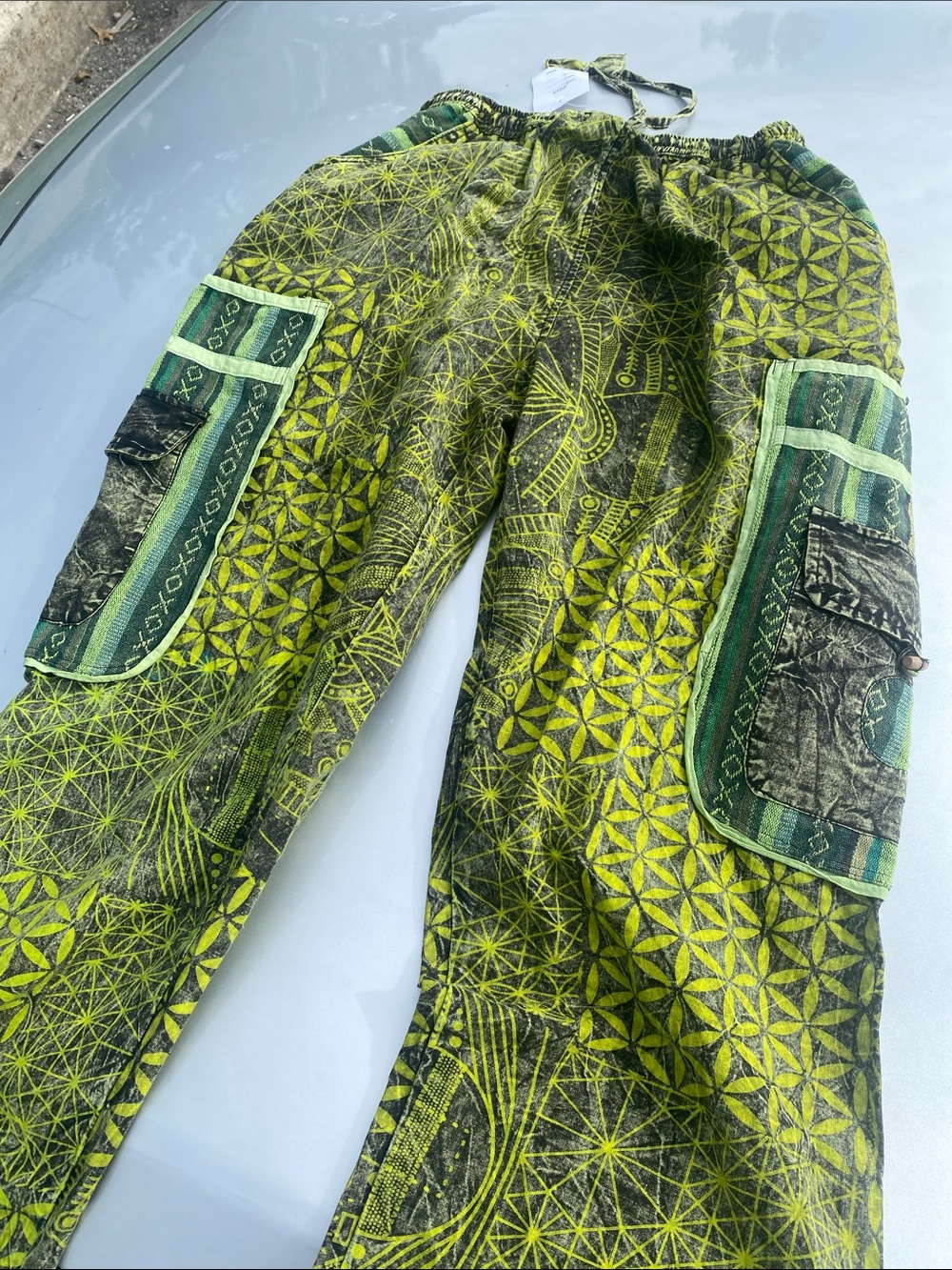 Handmade bohemian Flower of Life" geometric pants made in Nepal